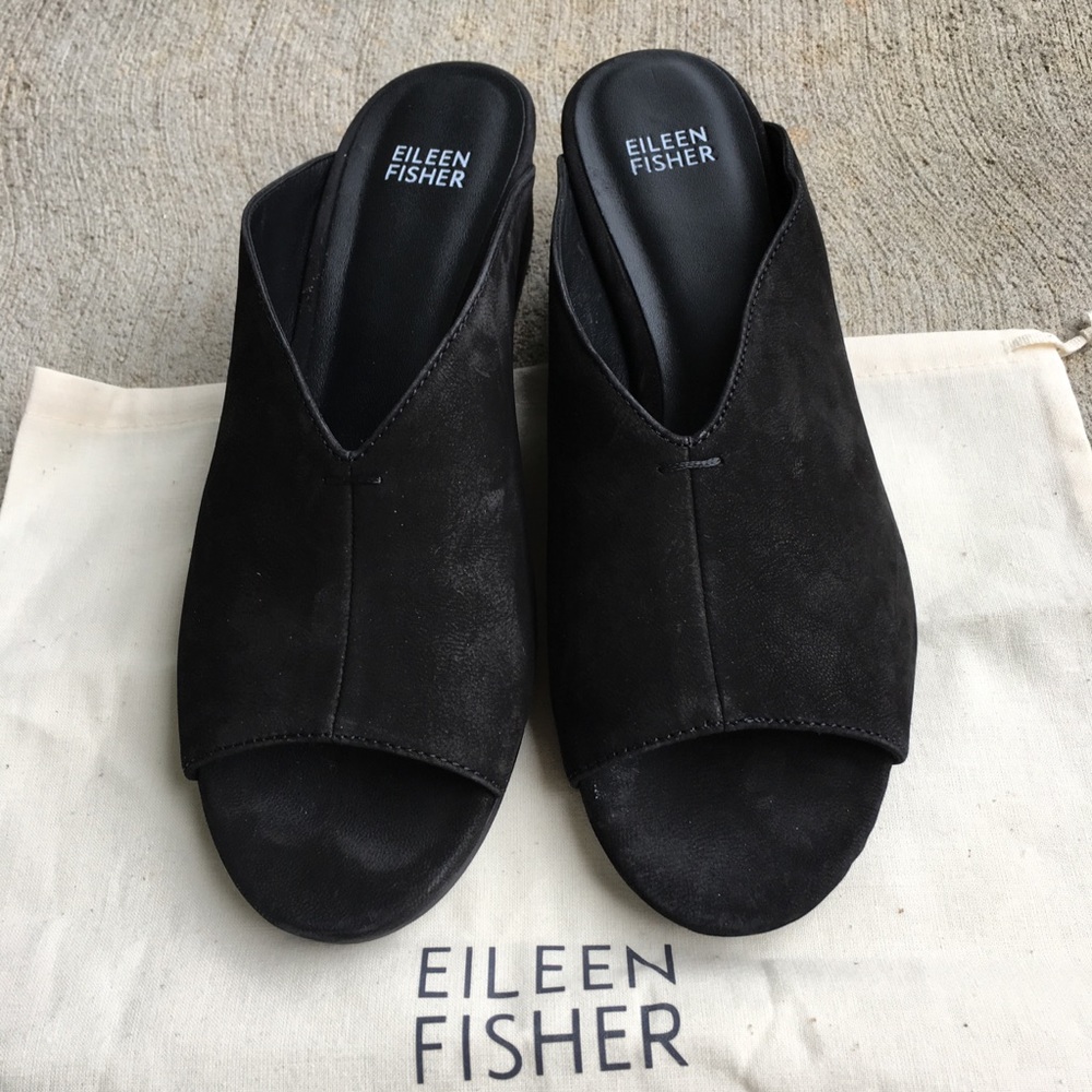 Eileen Fisher Black Suede Open-Toe Slide Mules